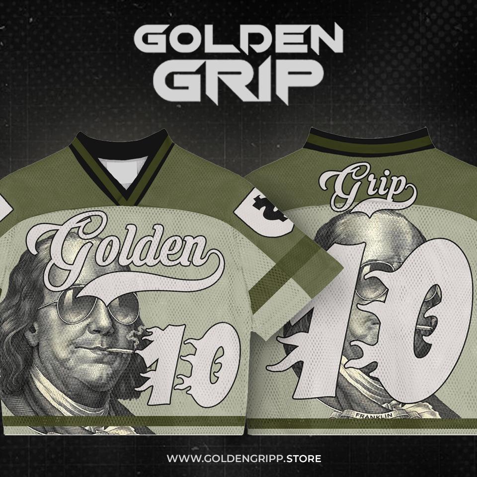 Golden Grip Benjamin Francklin green football jersey